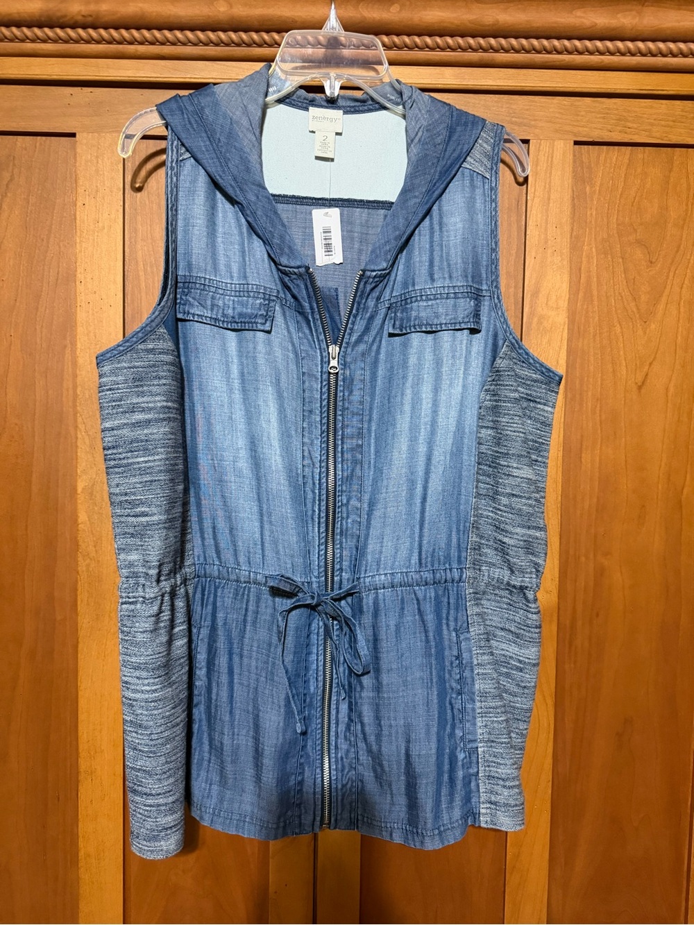 Chico's Blue Denim-Look Hooded Sleeveless Vest with Knit Side Panels